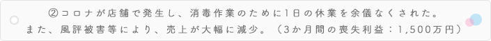 ②コロナが店舗で発生し、消毒作業のために1日の休業を余儀なくされた。また、風評被害等により、売上が大幅に減少。（3か月間の喪失利益：1,500万円）
